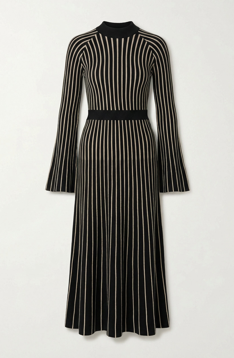 Modenaire Striped Rib-Knit Long Sleeve Maxi Dress with Mock Neck, Alternate, color, Black / White Stripe