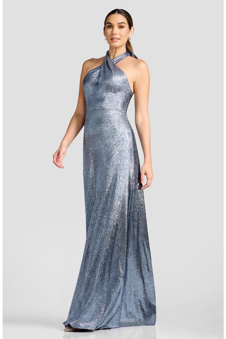 Brighton Metallic Halter Gown, Alternate, color, BLUE
