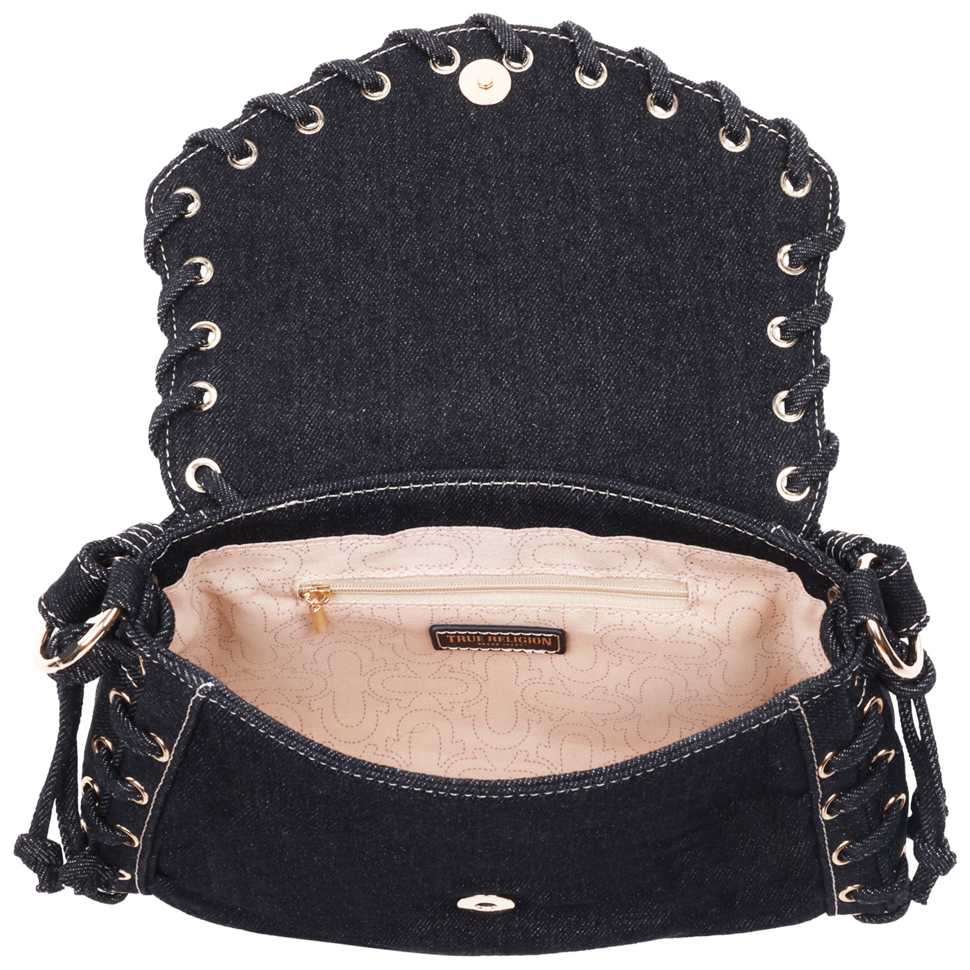True Religion Studded Horseshoe Eyelet Denim Flap Bag, Alternate, color, Black