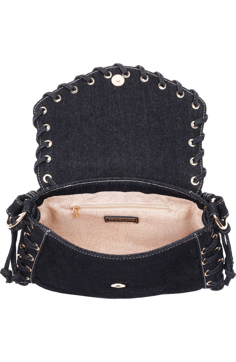 True Religion Studded Horseshoe Eyelet Denim Flap Bag, Alternate, color, Black