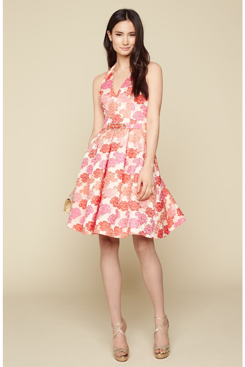 Embellished Jacquard Fit & Flare Dress, Alternate, color, CORAL