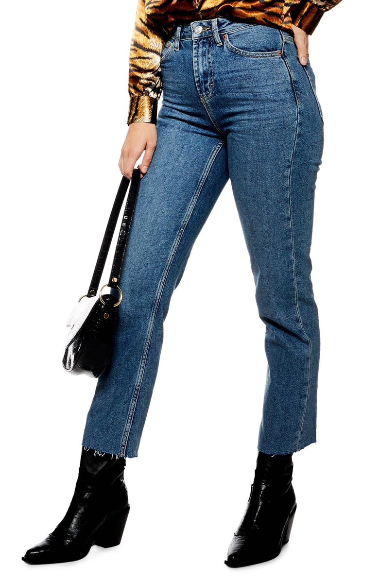 Topshop Straight Leg Raw Hem Jeans, Main, color, 