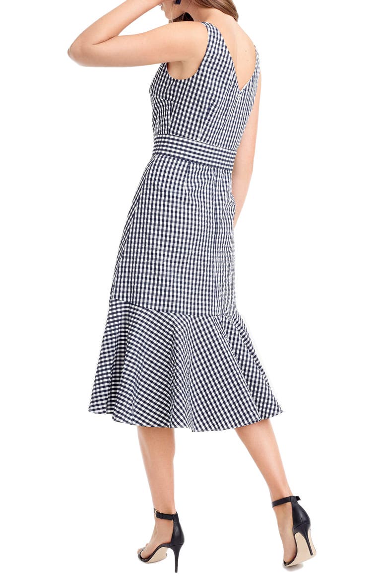 J.Crew Gingham Ruffle Hem Midi Dress, Alternate, color, NAVY WHITE