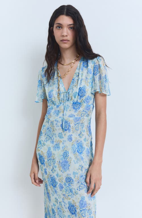 Mango Long Floral Dress With Short Sleeves Blue In Blue