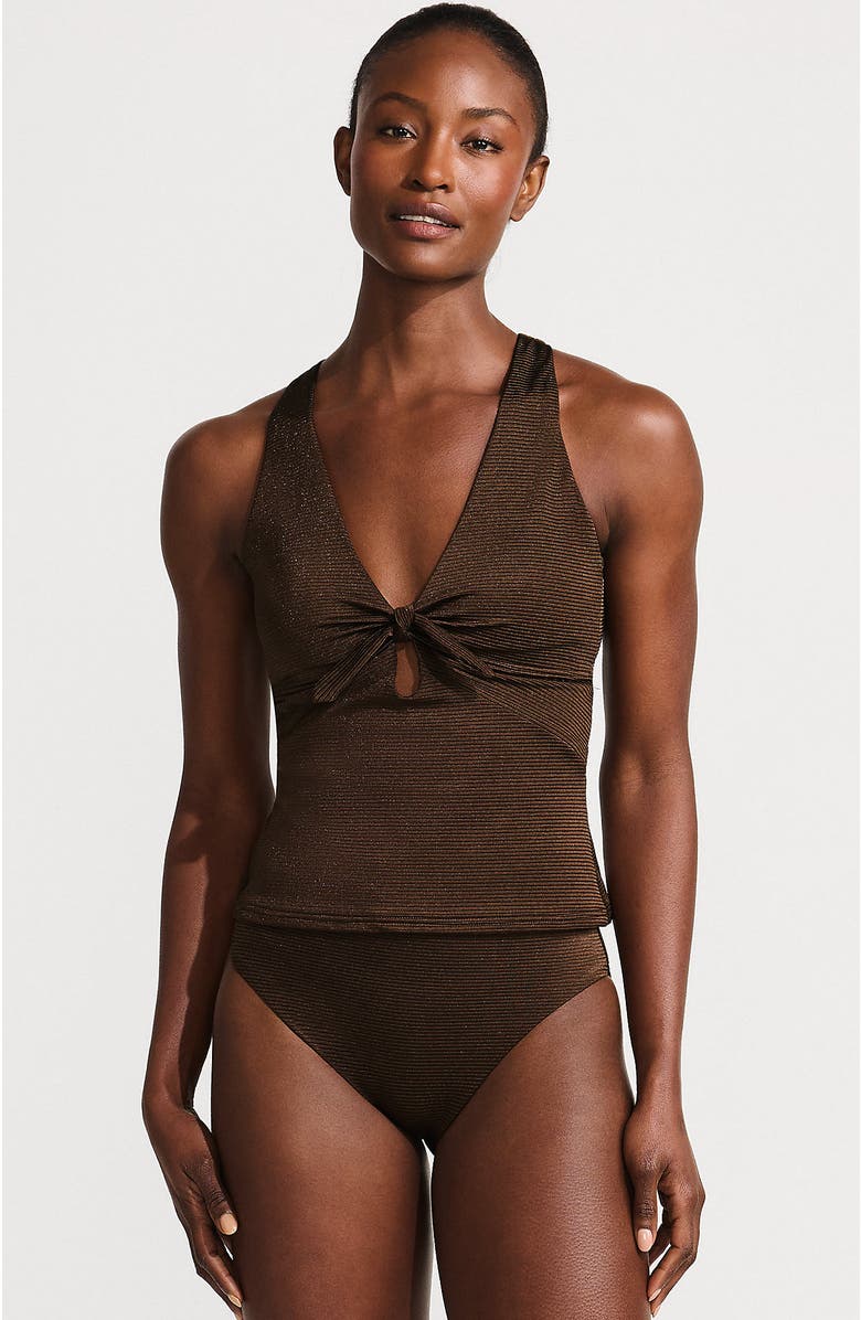 Lands' End Shine Ribbed Tankini Top and High Waisted Bottom Swimsuit Set, Main, color, Chocolate Brown Shine
