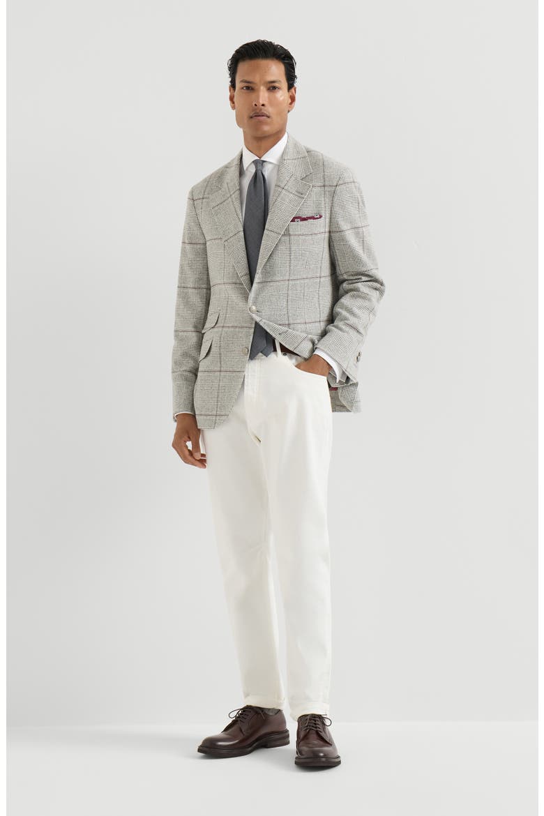 Silk, wool and cashmere Prince of Wales flannel deconstructed Cavallo blazer with metal buttons, Alternate, color, Grey