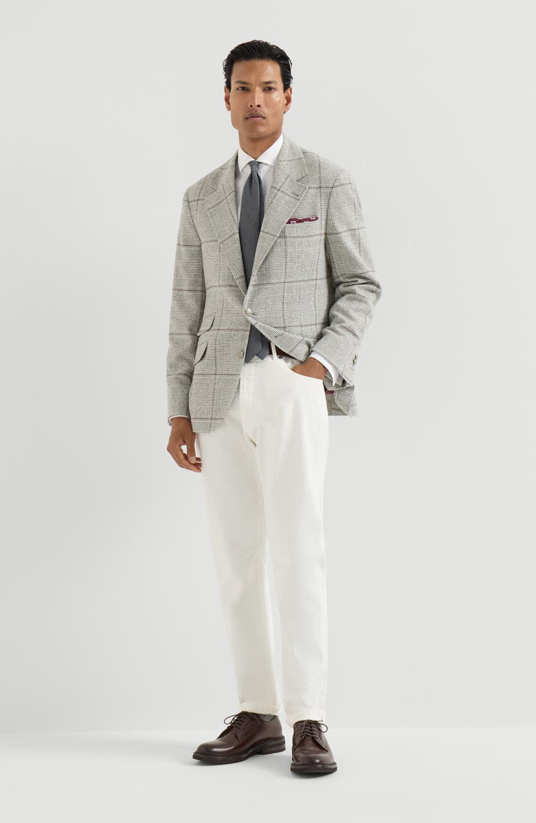Brunello Cucinelli Silk, wool and cashmere Prince of Wales flannel deconstructed Cavallo blazer with metal buttons, Alternate, color, Grey