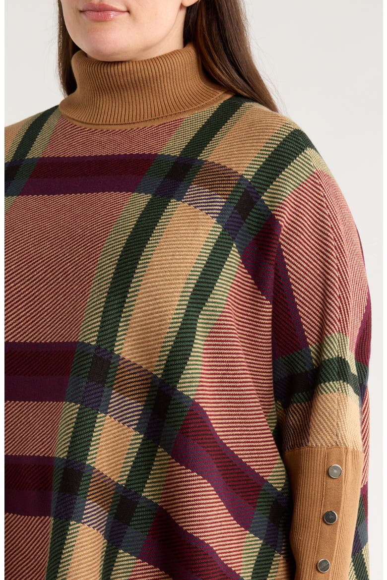 Plaid Jacquard Turtleneck Poncho, Alternate, color, CARAMEL MULTI