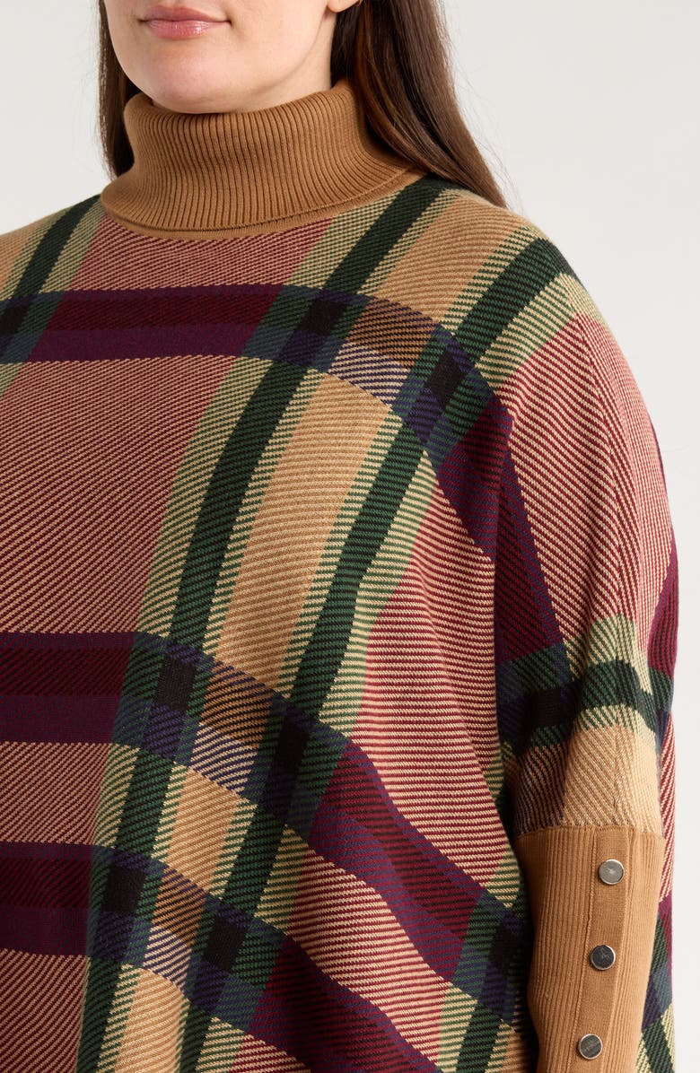 Jones New York Plaid Jacquard Turtleneck Poncho, Alternate, color, Caramel Multi