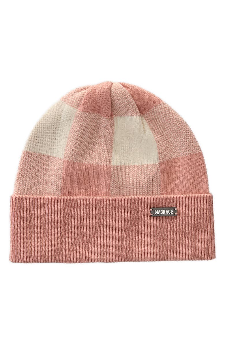 Mackage Cowan Jacquard Check Recycled Wool Blend Beanie, Main, color, Muted Clay-Cream