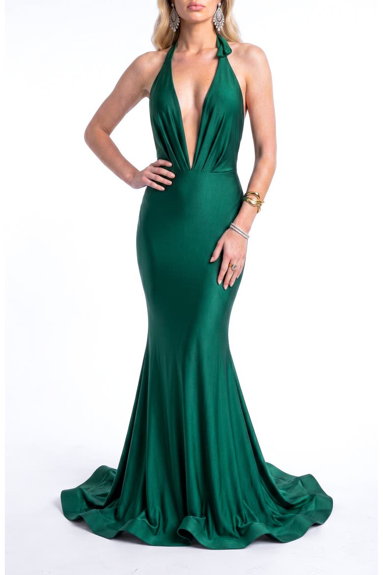 Plunging Halter Open-Back Mermaid Gown With Train, Alternate, color, Forest Green
