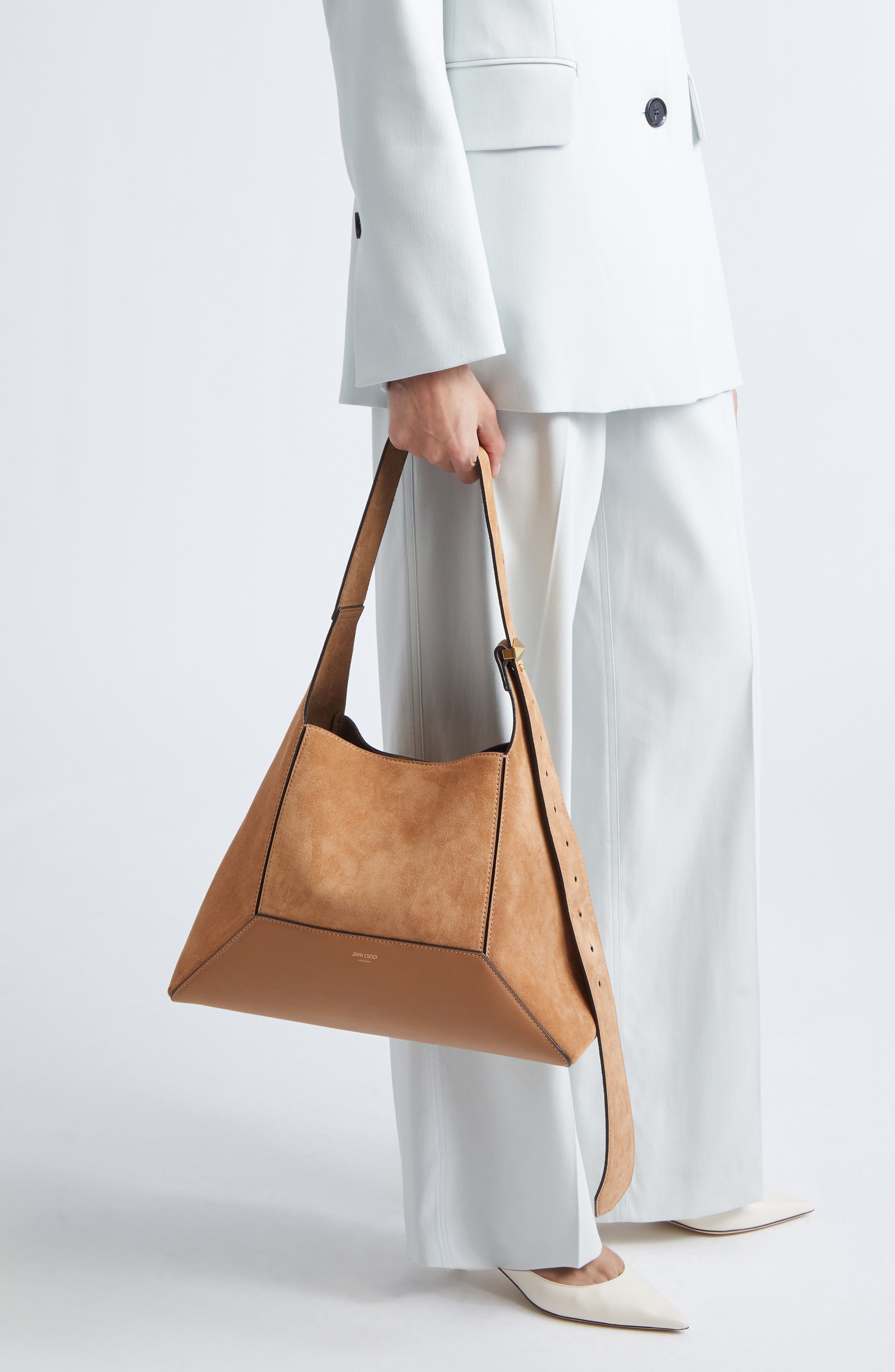 Jimmy Choo Medium Diamond Leather & Suede Hobo Bag, Alternate, color, Toffee/ Gold