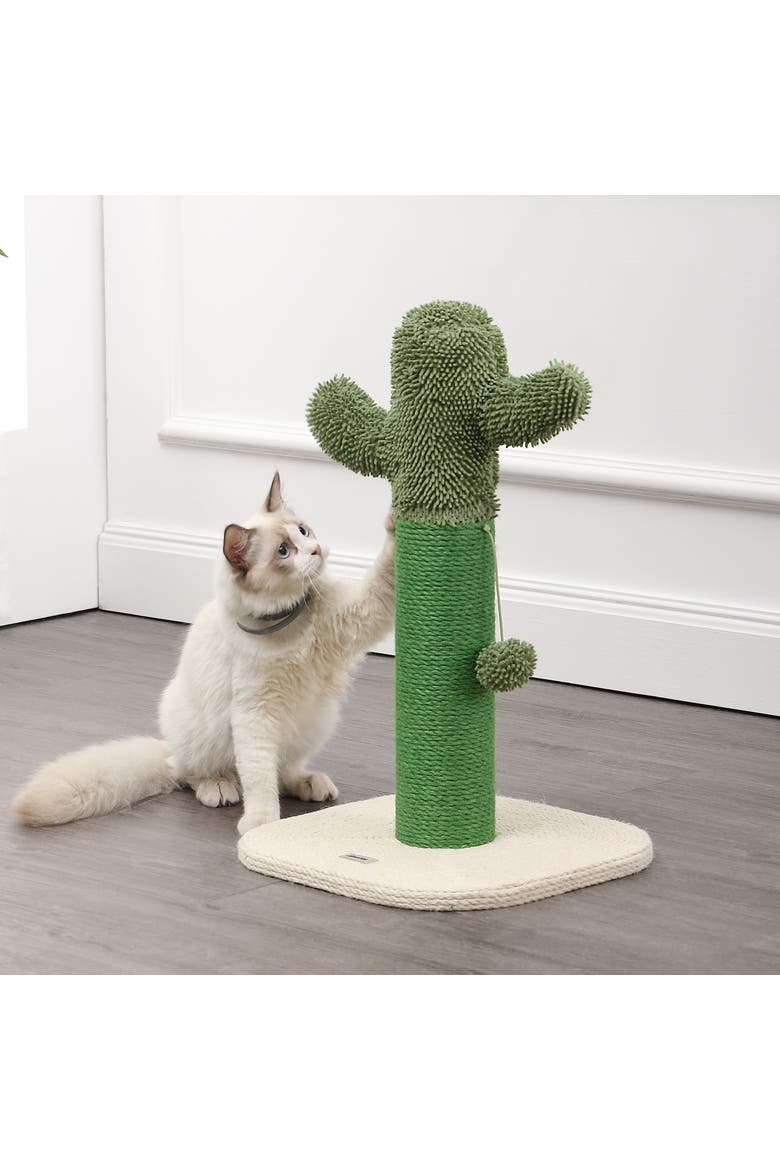 Pecos 21" Modern Jute Cactus Cat Scratching Post with Fuzzy Toy, Alternate, color, Green