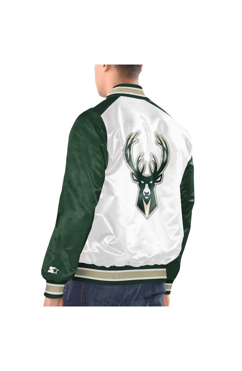 STARTER Men's Starter White/Hunter Green Milwaukee Bucks Renegade Satin Full-Snap Varsity Jacket, Alternate, color, White