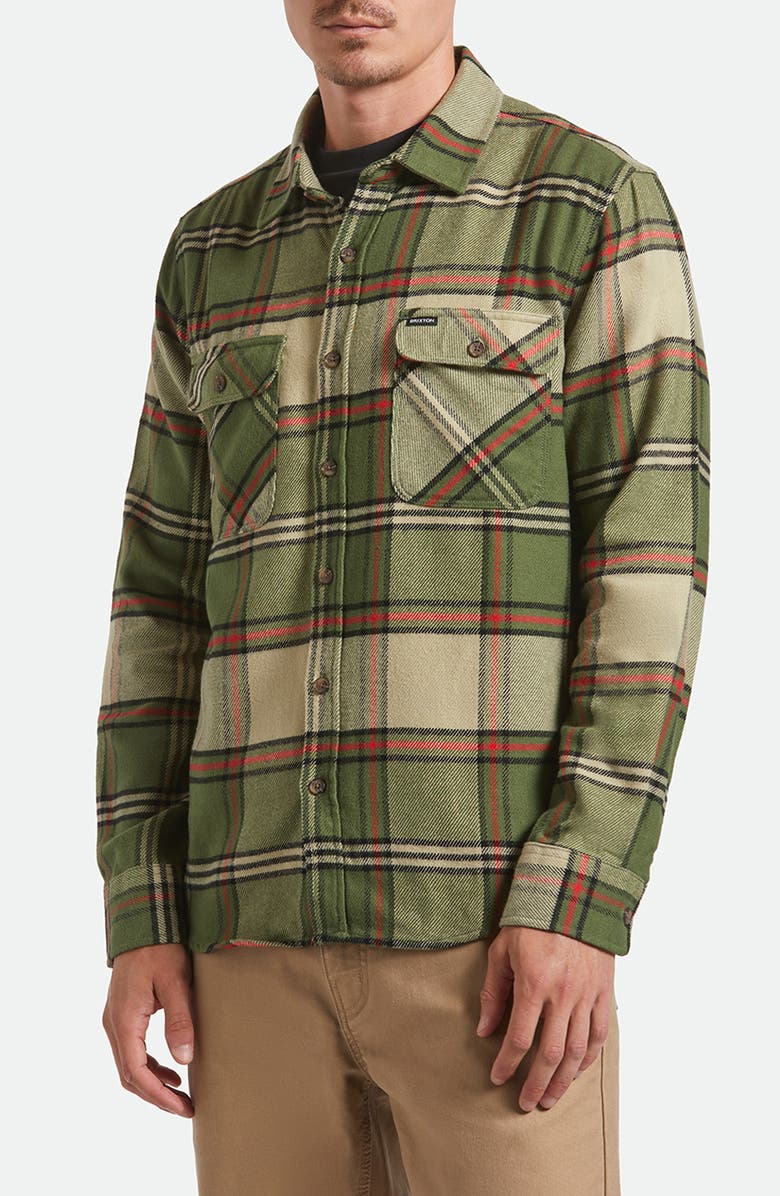 Brixton Bowery Plaid Flannel Button-Up Shirt, Main, color, Wild Green/Elm/Adrenaline