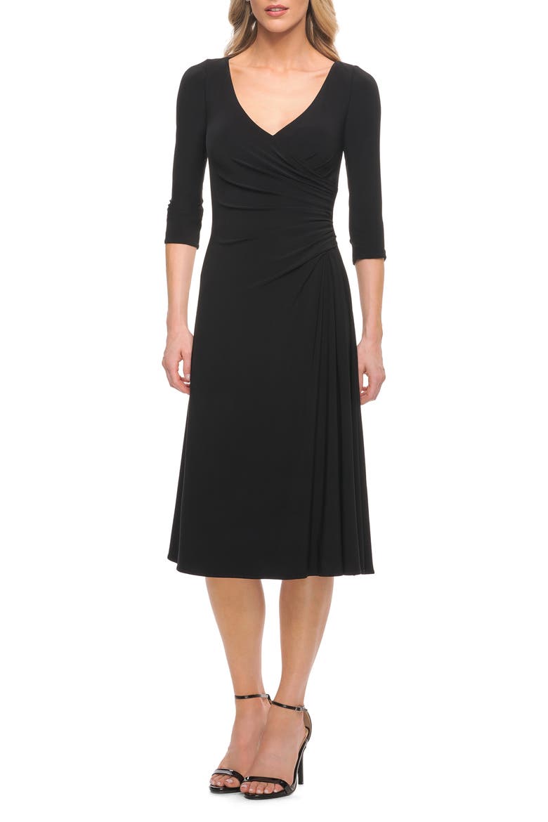 Chic Tea Length Jersey Dress with Ruching, Alternate, color, BLACK
