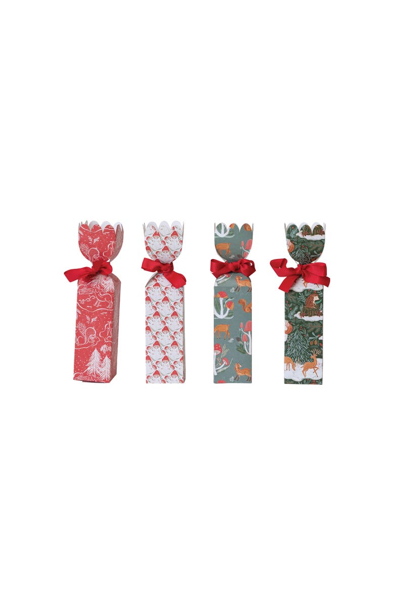 Storied Home Tall Paper Gift Boxes with Woodland Flora and Fauna Pattern and Red Ribbons, Multicolor, Set of 4, Main, color, Red