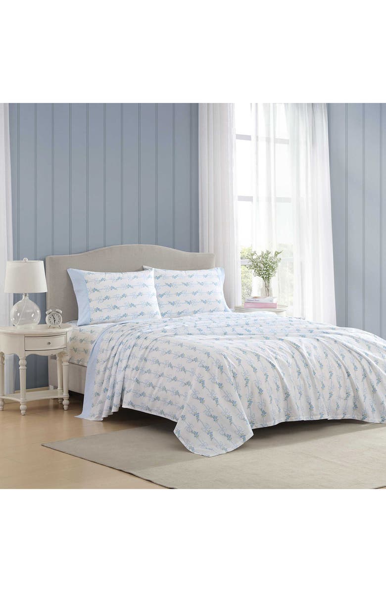 Laura Ashley Floral Ribbon 200-Thread Count Cotton Percale Sheet Set, Alternate, color, Light Pastel Blue