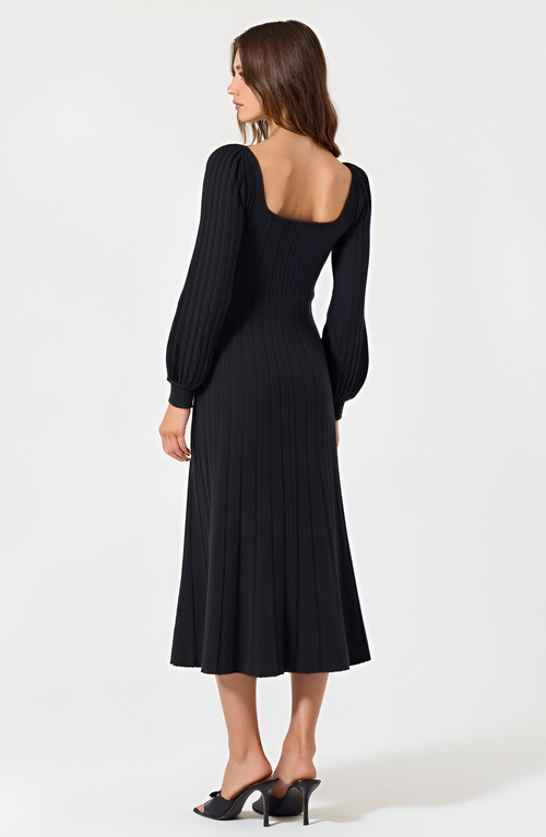 Modenaire Front Bow Detail Square Neck Puff Sleeve Maxi Sweater Dress In Black