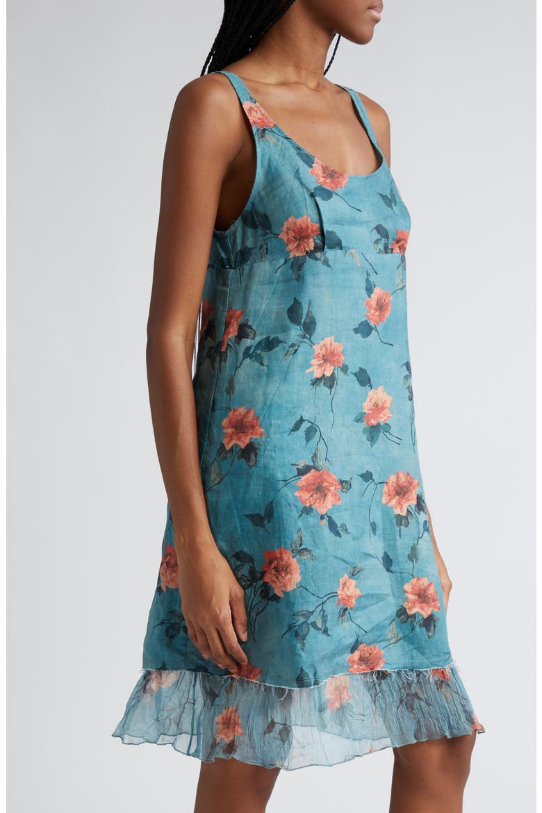 Floral Empire Waist Flounce Hem Raw Edge Linen Slipdress, Alternate, color, BLUE FLORAL