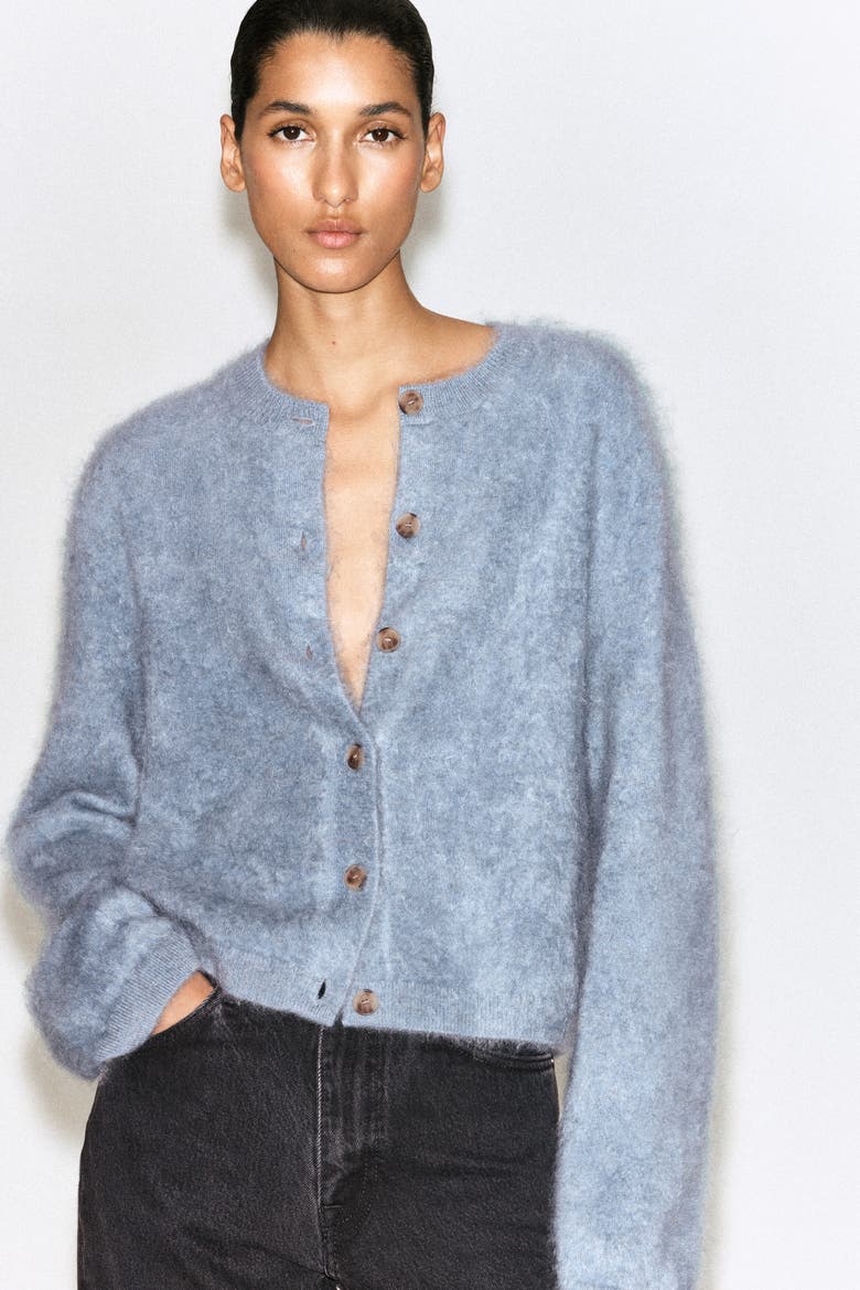 Brushed-Cashmere Crew-Neck Cardigan, Alternate, color, BLUE
