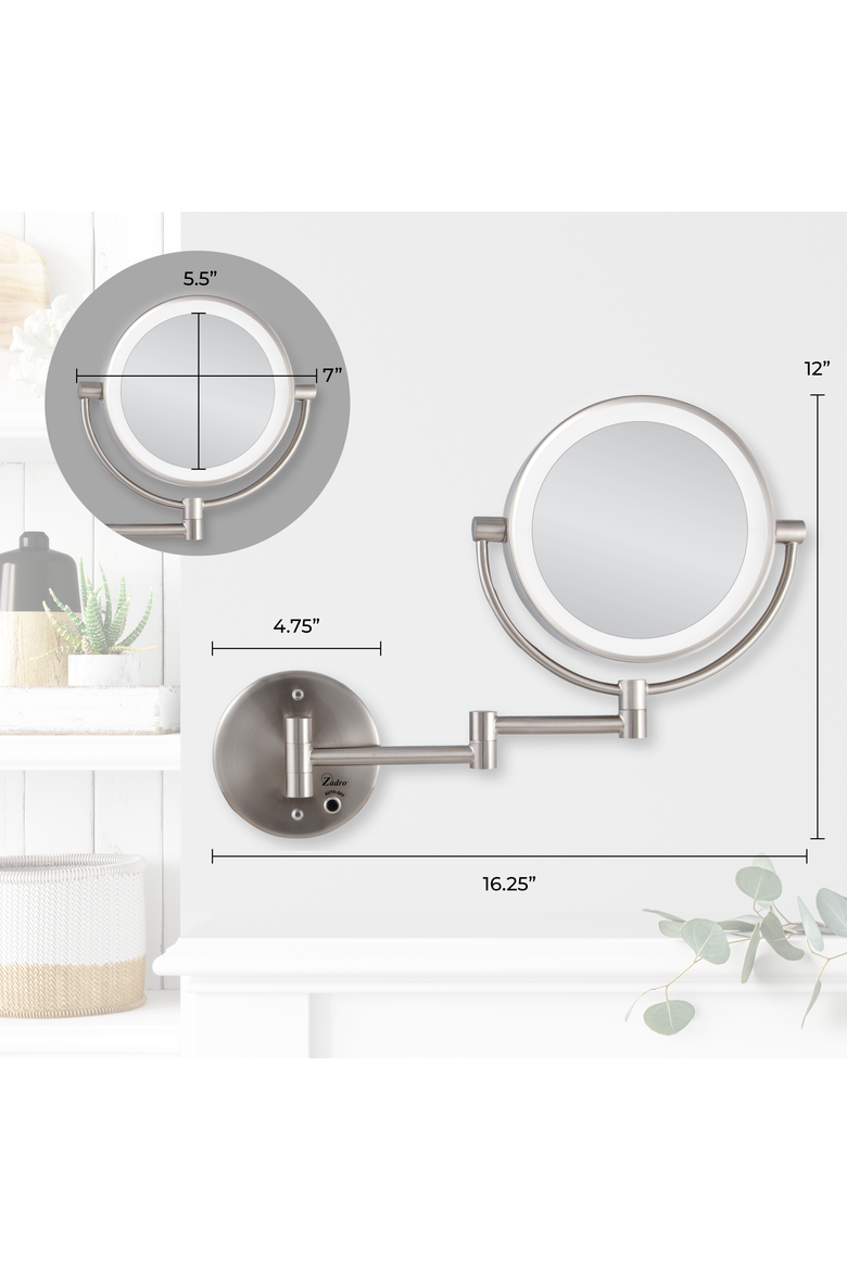 Lighted Wall Mounted Makeup Mirror with 5X/1X Magnification & Cordless, Alternate, color, Satin Nickel