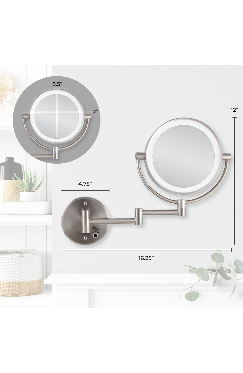 Zadro Lighted Wall Mounted Makeup Mirror with 5X/1X Magnification & Cordless, Alternate, color, Satin Nickel