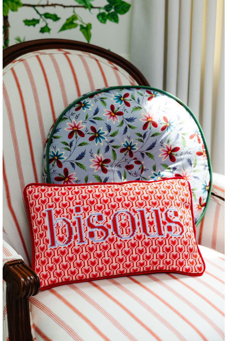 Bisous Needlepoint Pillow, Alternate, color, Bisous
