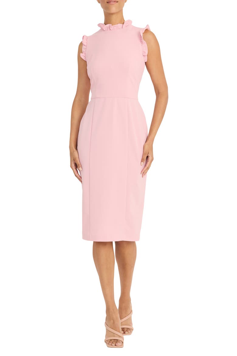 Ruffled Sleeveless Midi Sheath Dress, Main, color, SHELL PINK