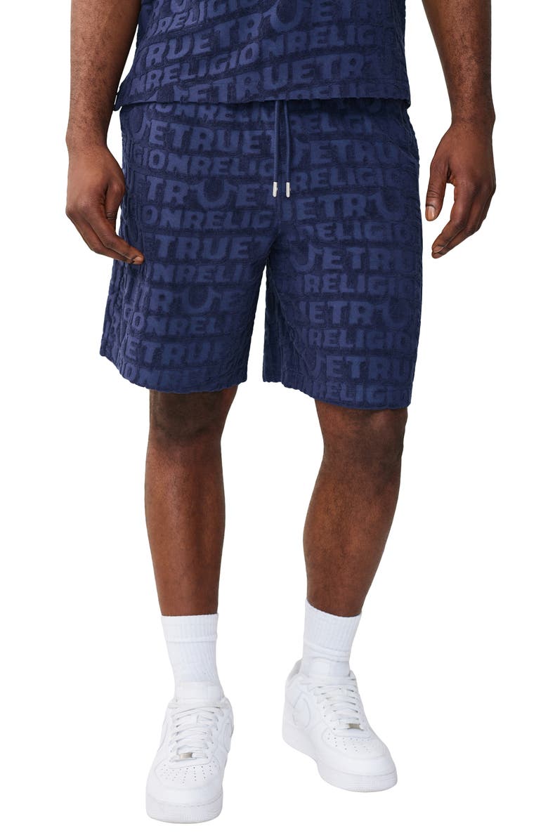 True Religion Logo Jacquard Terry Cloth Shorts, Main, color, Midnight Blue