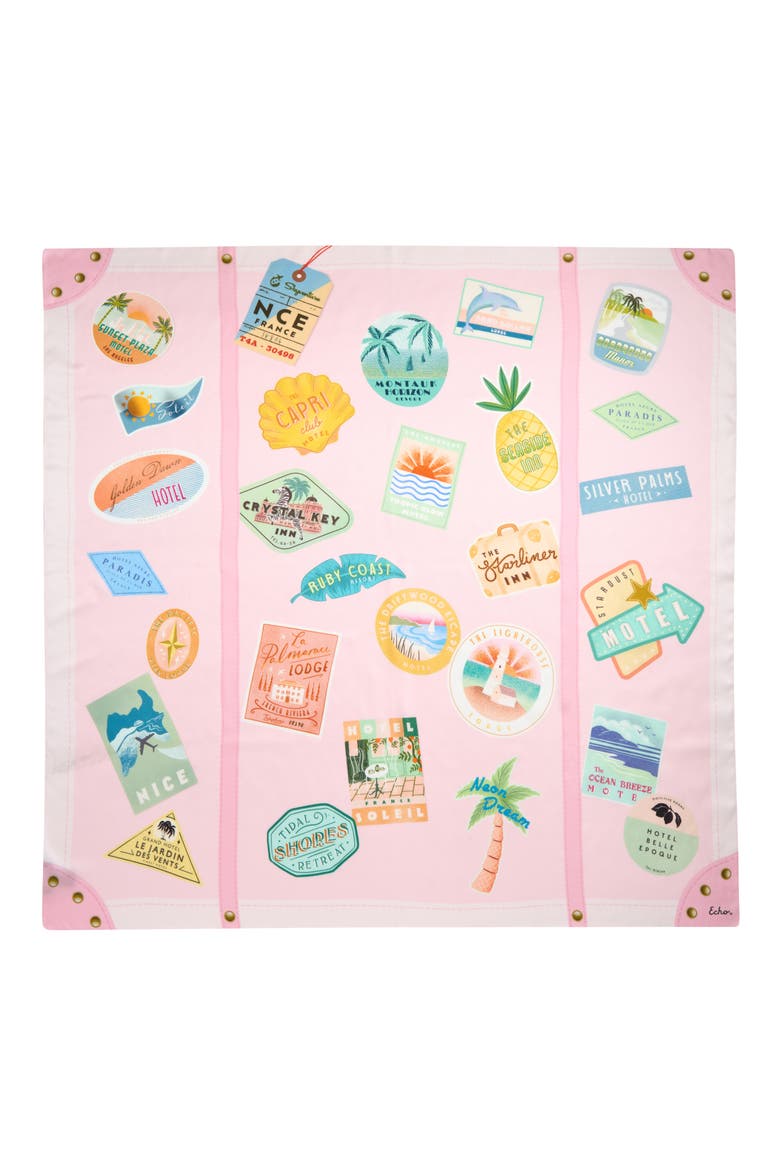 Travel Stickers Silk Square Scarf, Alternate, color, BEACH PINK