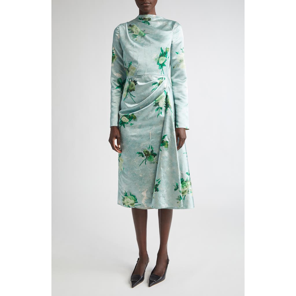 Erdem Abstract Rose Print Draped Long Sleeve Satin Midi Dress In Green