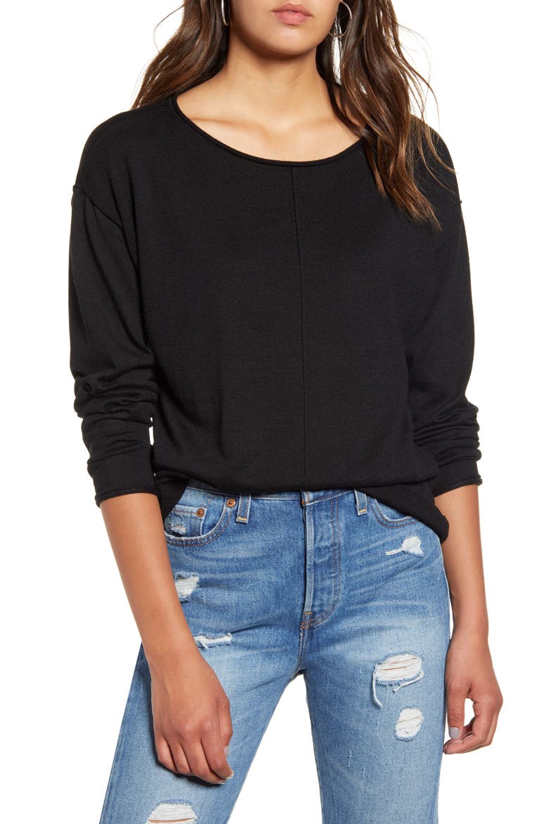 High/Low Roll Edge Sweater, Main, color, BLACK
