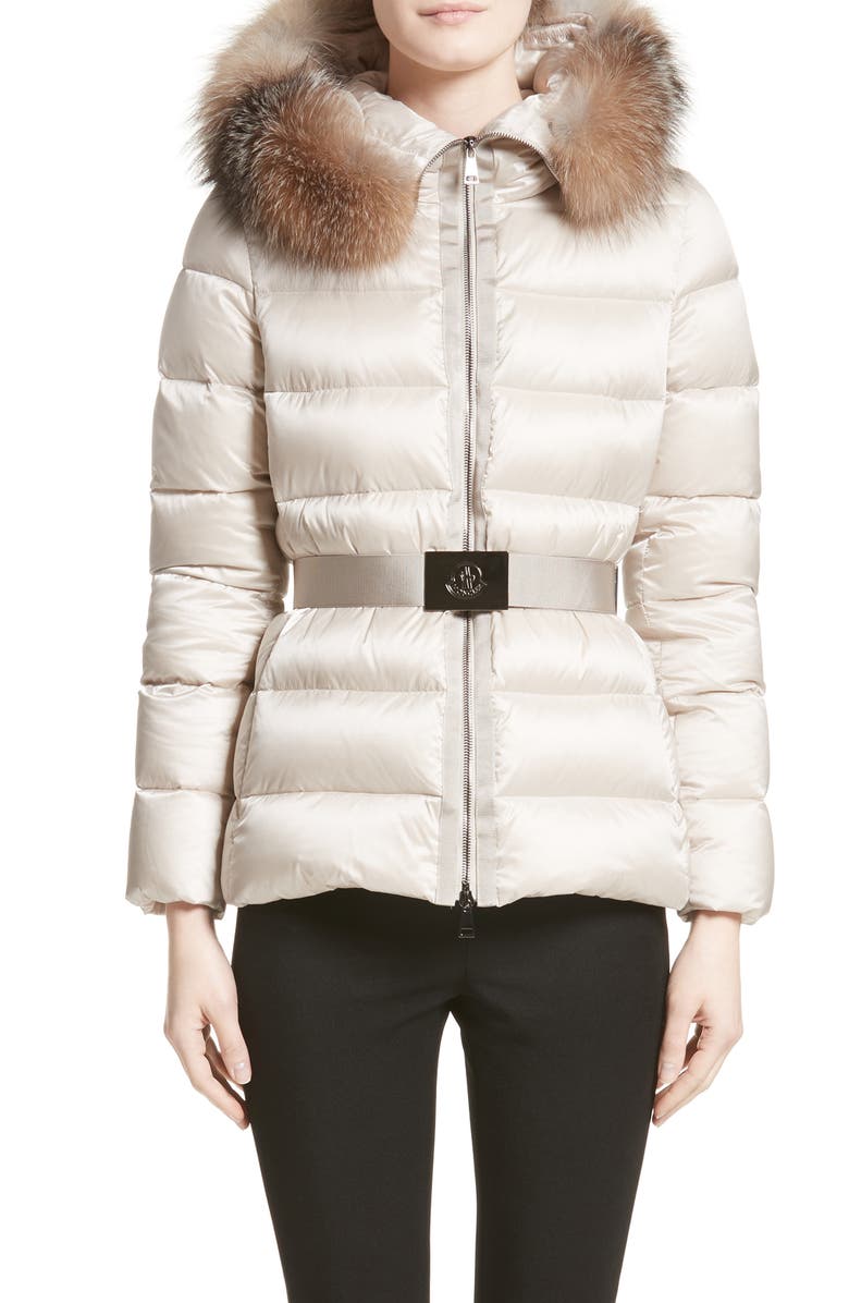 Moncler Tatie Belted Down Puffer Coat with Removable Genuine Fox Fur Trim, Main, color, 