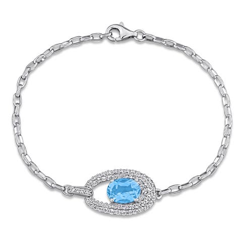 Blue Topaz & White Topaz Link Bracelet in Sterling Silver