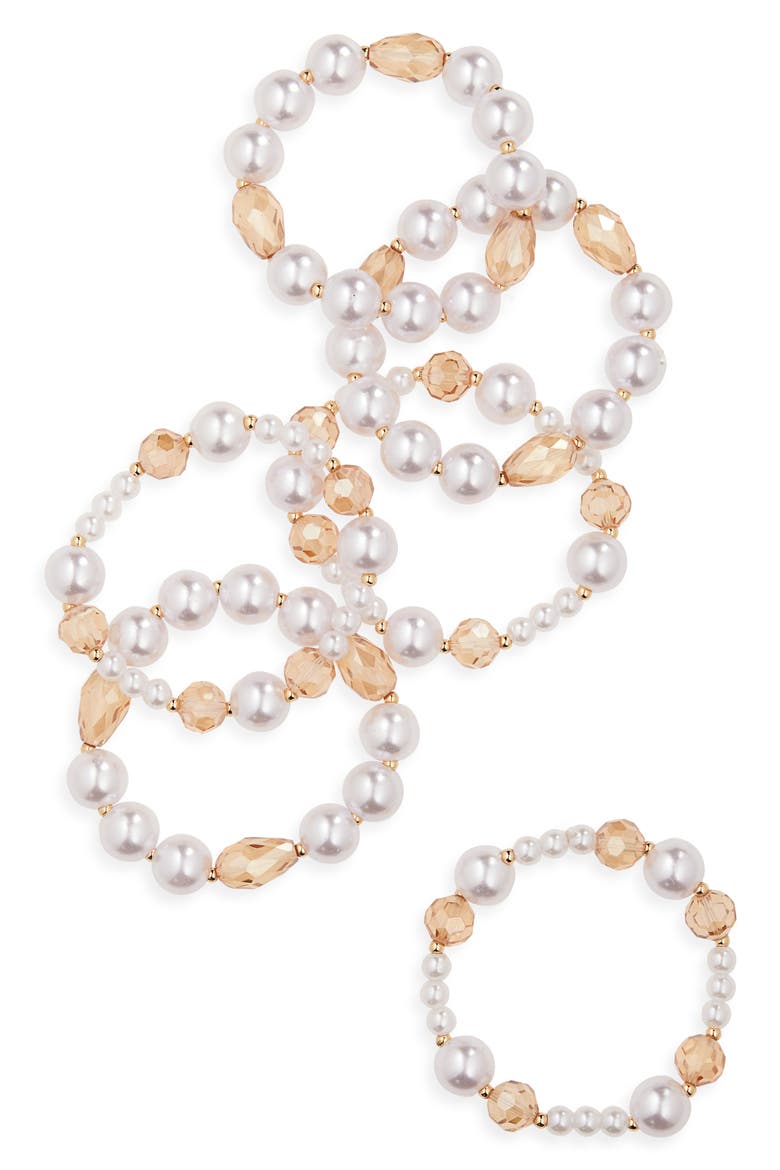 Set of 6 Faux Pearl & Crystal Beaded Stretch Bracelets, Main, color, IVORY/CHAMPAGNE