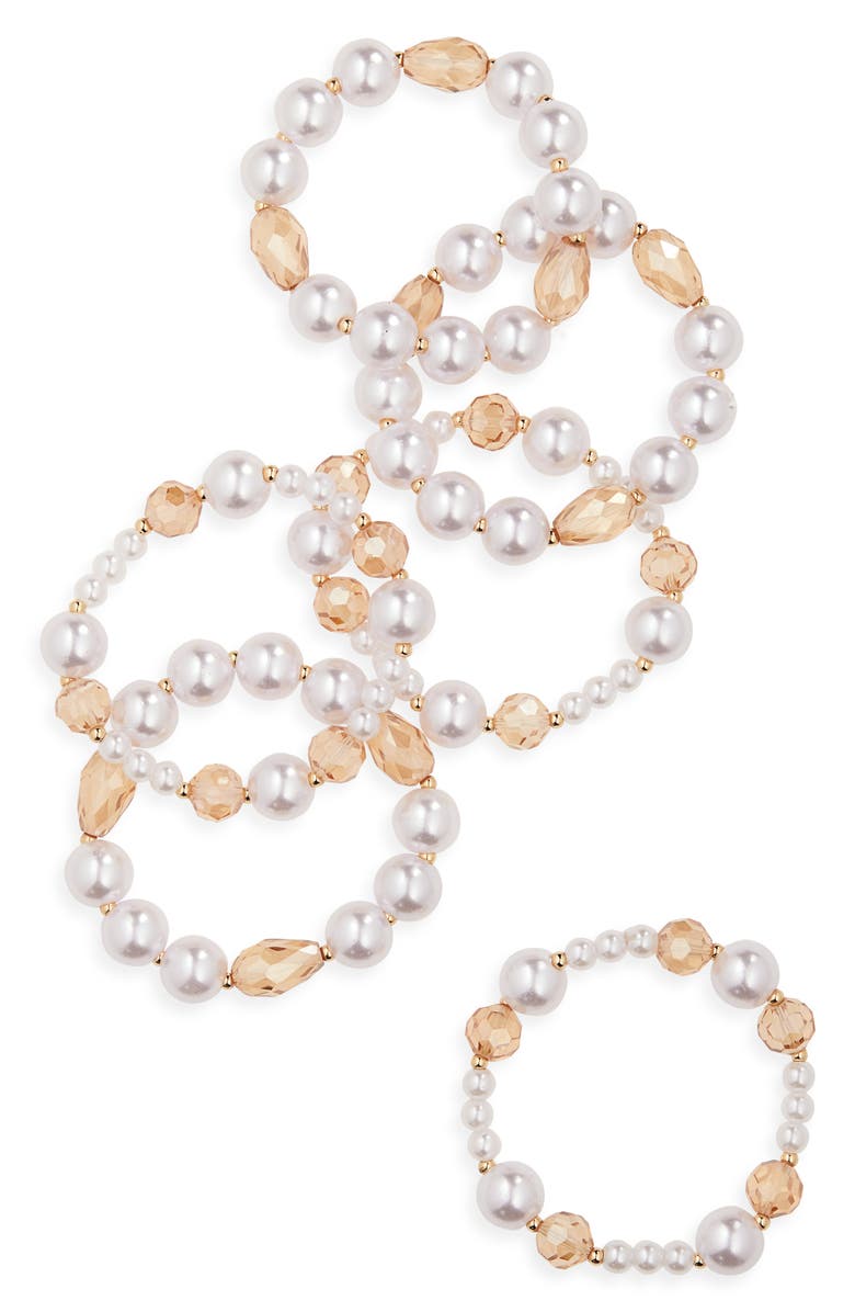 NATASHA Set of 6 Faux Pearl & Crystal Beaded Stretch Bracelets, Main, color, Ivory/Champagne