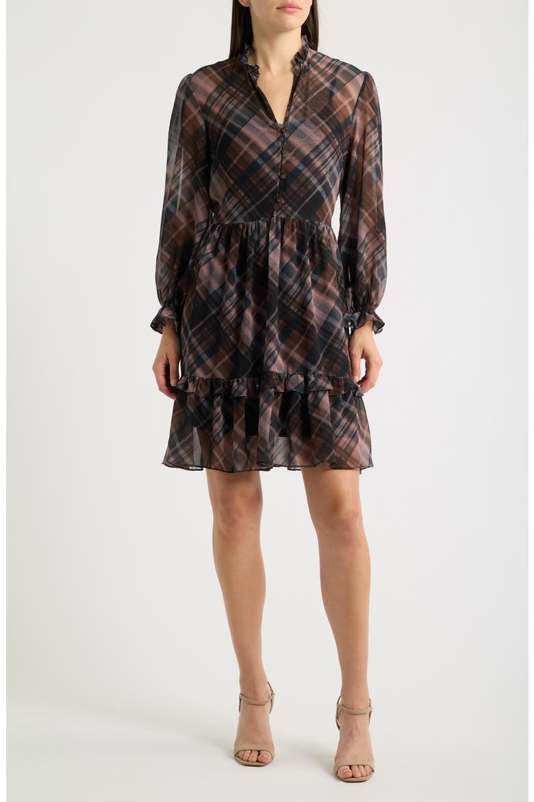 Long Sleeve Plaid Georgette Dress, Main, color, BROWN/ BLACK
