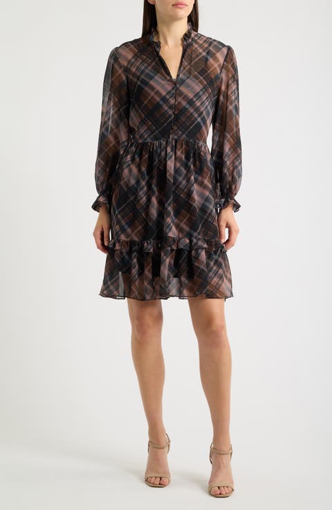 Long Sleeve Plaid Georgette Dress