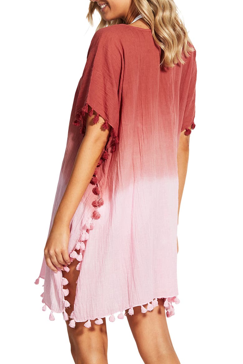 Dip Dye Tassel Cotton Cover-Up Caftan, Alternate, color, RUST/ PINK