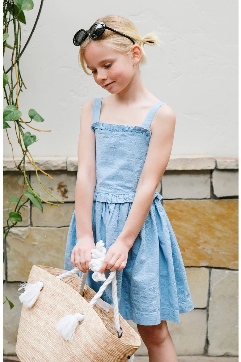 Kids' Organic Ruffle Edge Seersucker Apron Dress, Alternate, color, Bluebell