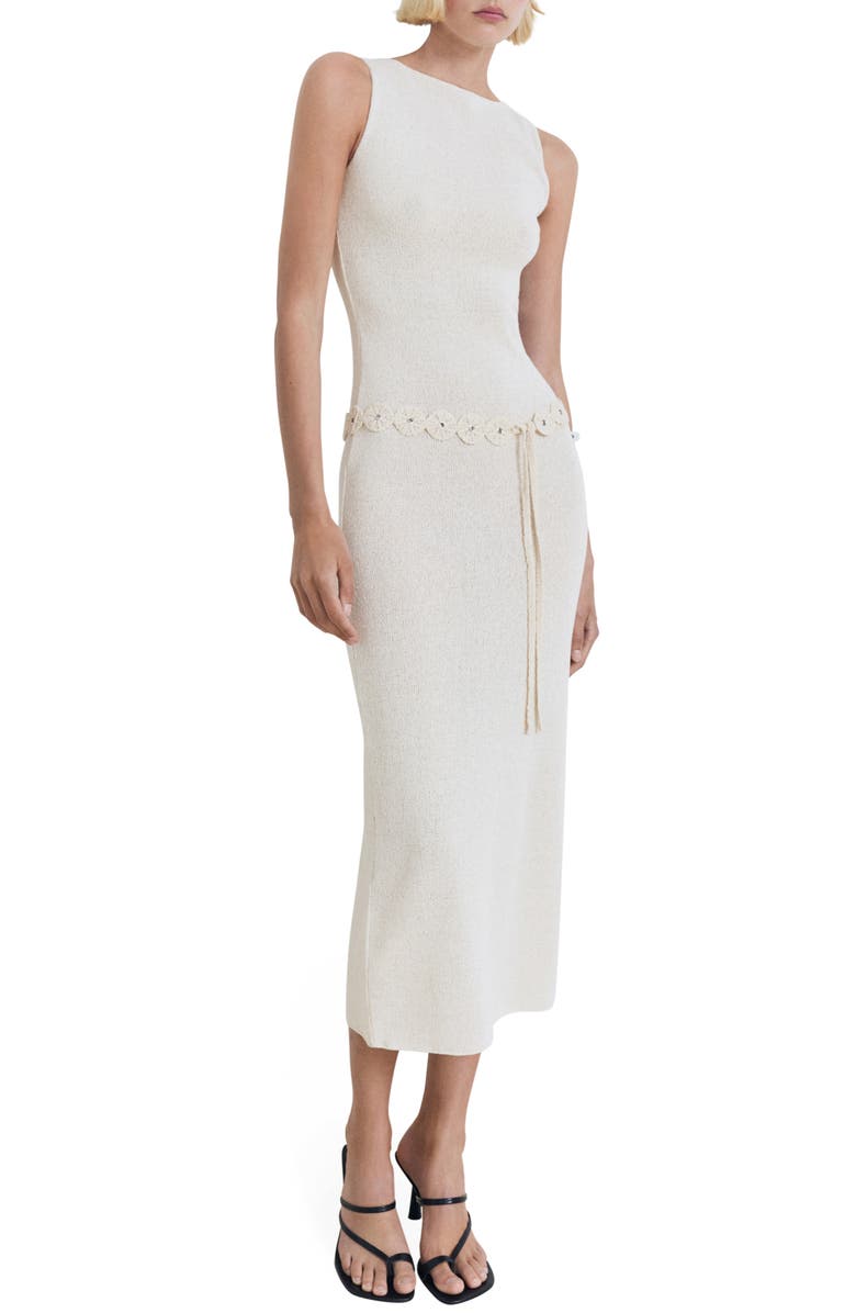 MANGO Belted Knit Maxi Dress, Main, color, Ecru