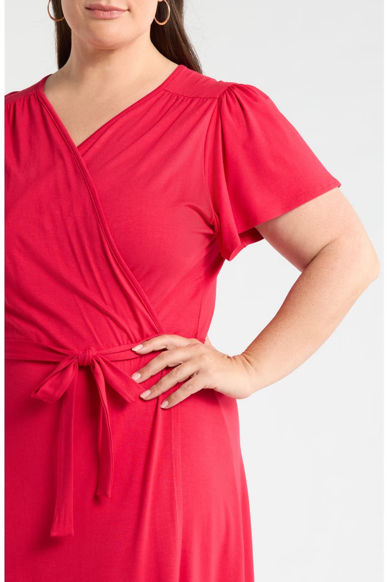 Flutter Sleeve Faux Wrap Jersey Dress, Alternate, color, RED
