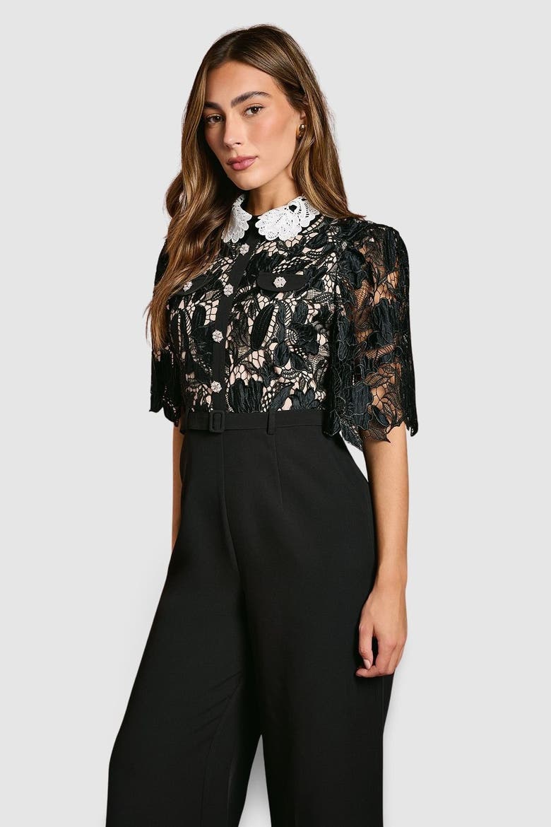 Lace Shirt Short Sleeve Jumpsuit, Alternate, color, Mono