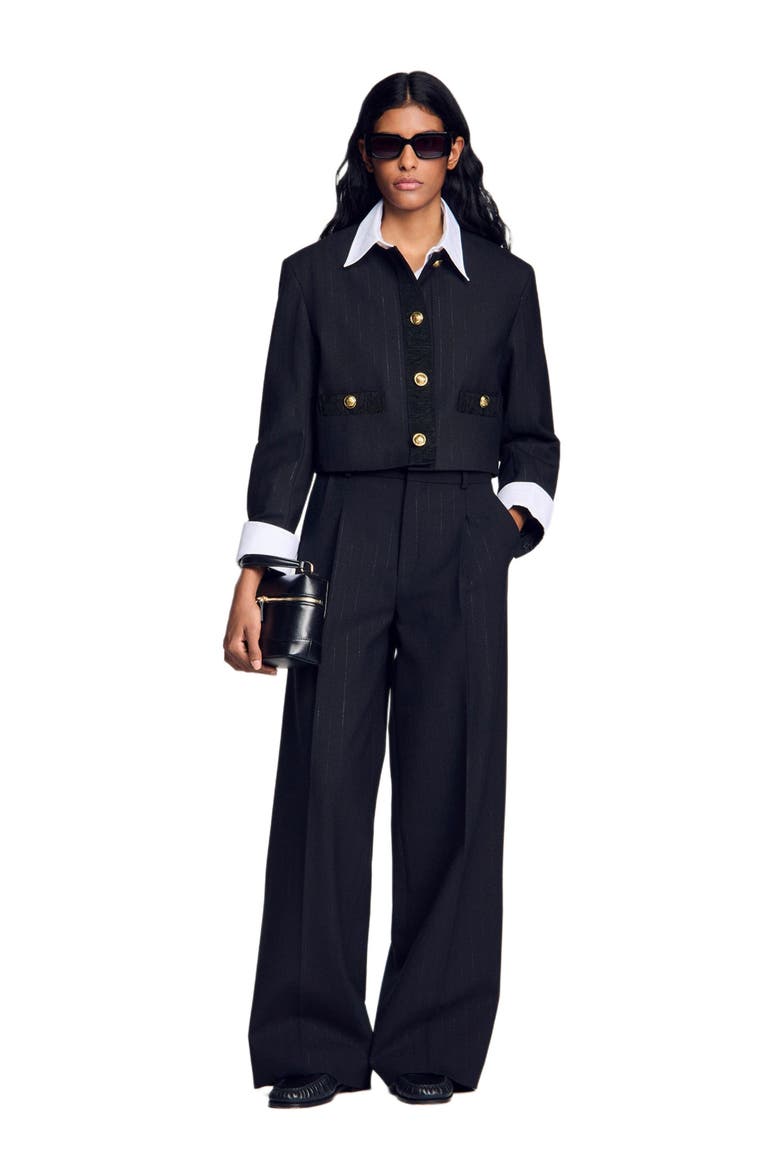 Striped wide-leg trousers, Alternate, color, Black