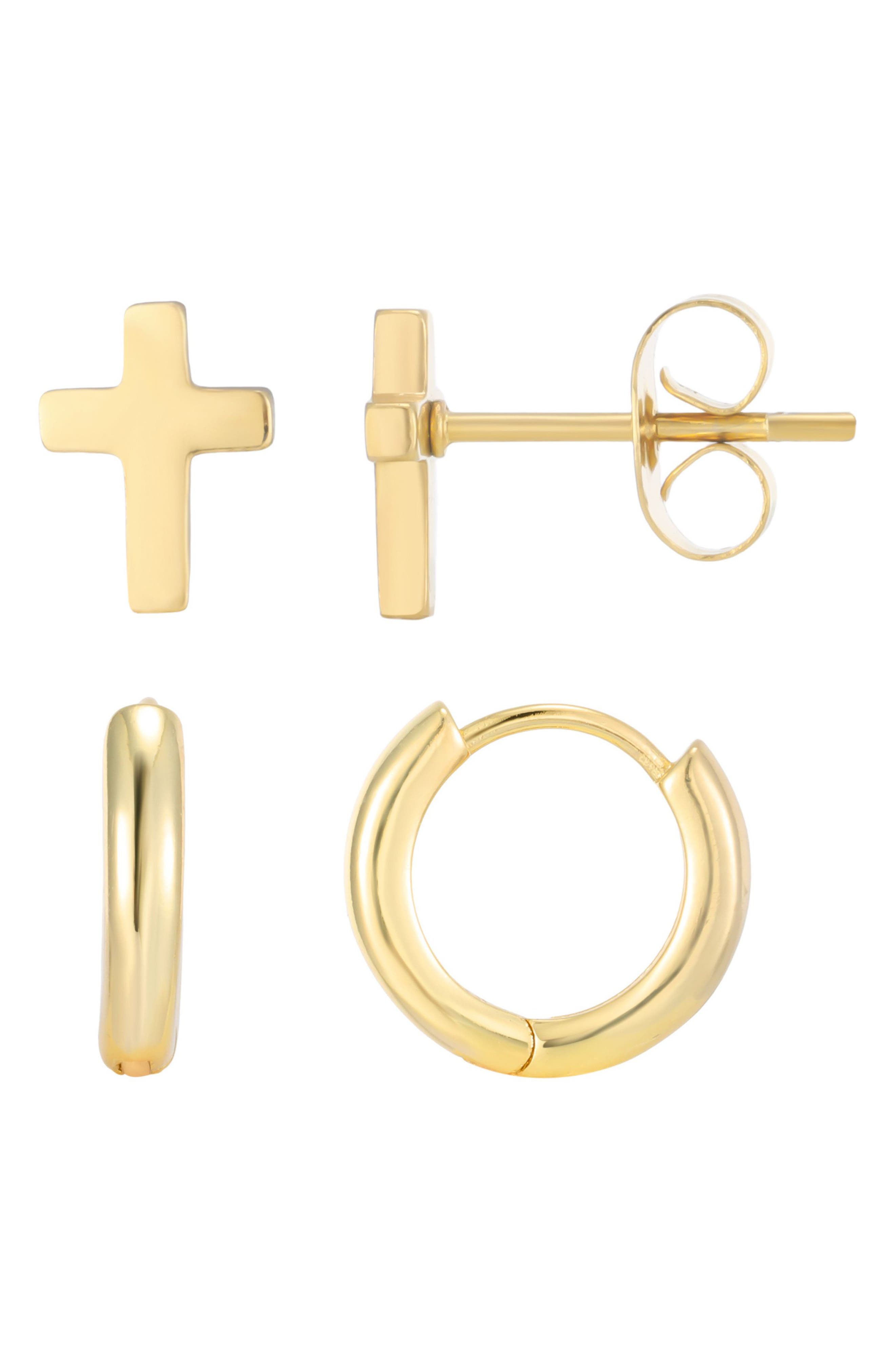 Men's 18k Gold Plated Cross & Huggie Hoop Mismatch Earring Set
