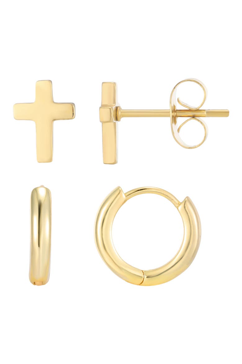 Men's 18k Gold Plated Cross & Huggie Hoop Mismatch Earring Set, Main, color, GOLD