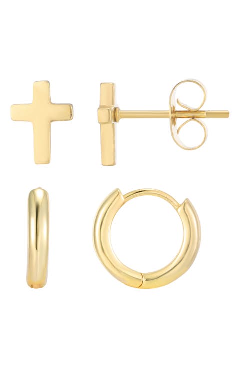 Men's 18k Gold Plated Cross & Huggie Hoop Mismatch Earring Set