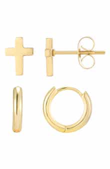 Men's 18k Gold Plated Cross & Huggie Hoop Mismatch Earring Set