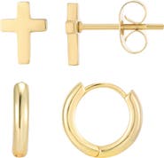 Adornia Men's 18k Gold Plated Cross & Huggie Hoop Mismatch Earring Set